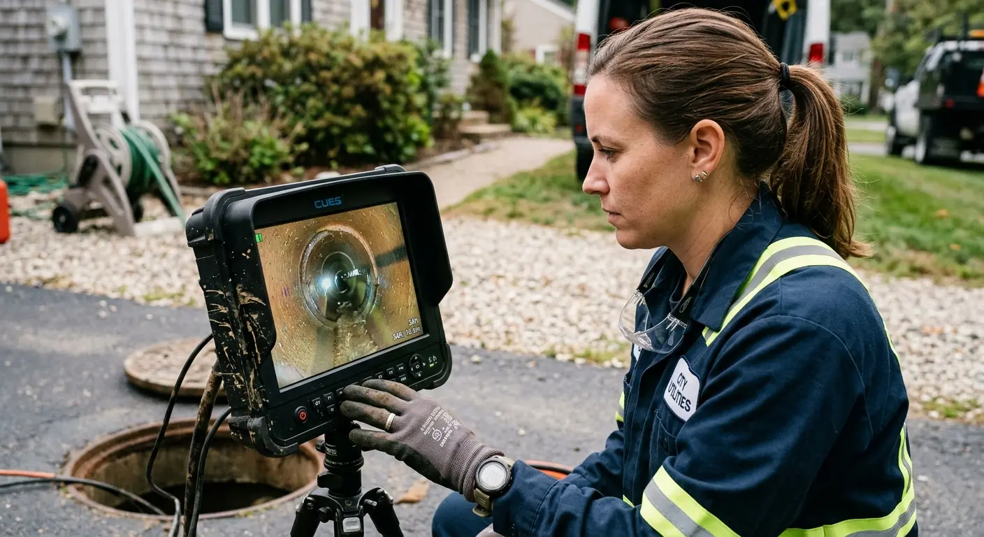 Technician reviewing sewer camera inspection footage in Middle