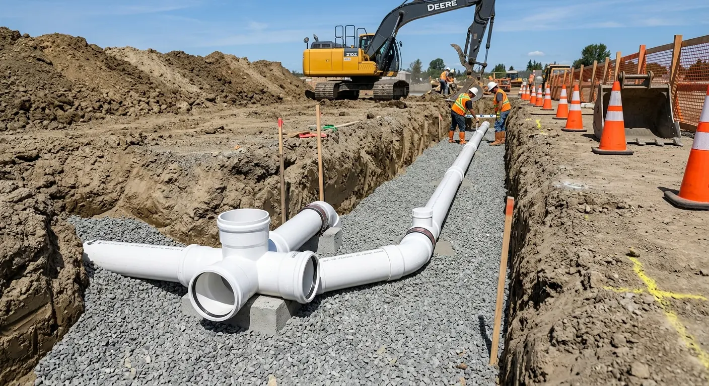 New PVC sewer pipe installation in open trench for Commercial Drain Cleaning in Middle