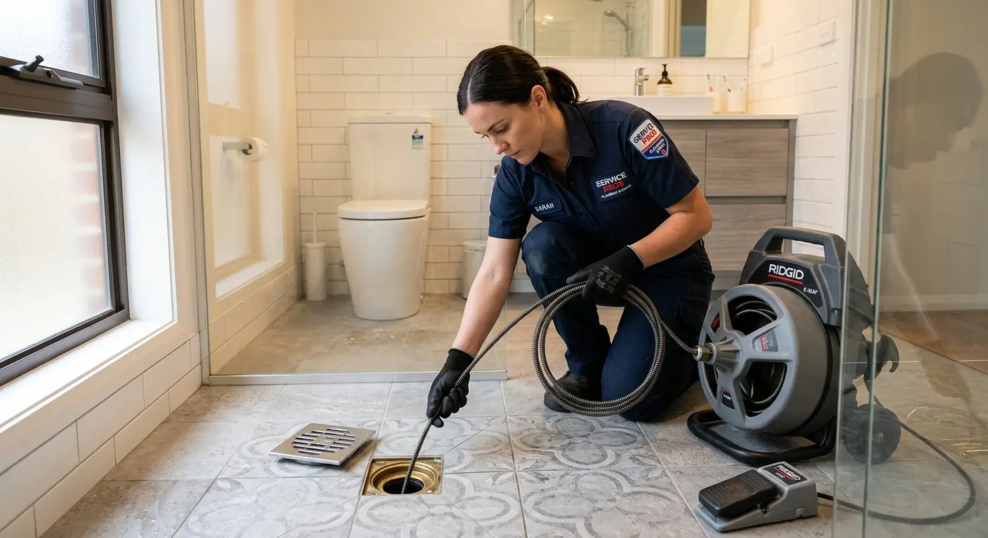 Technician clearing a bathroom floor drain for Hydro Jetting in Middle